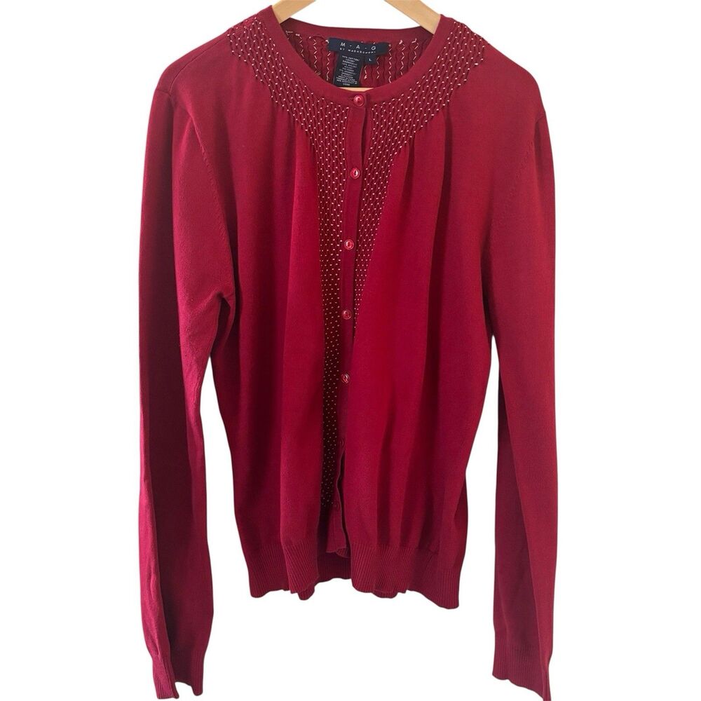 MAG Magaschoni Womens Cardigan Sweater Size Large Embroidery Red Glam Office 90s